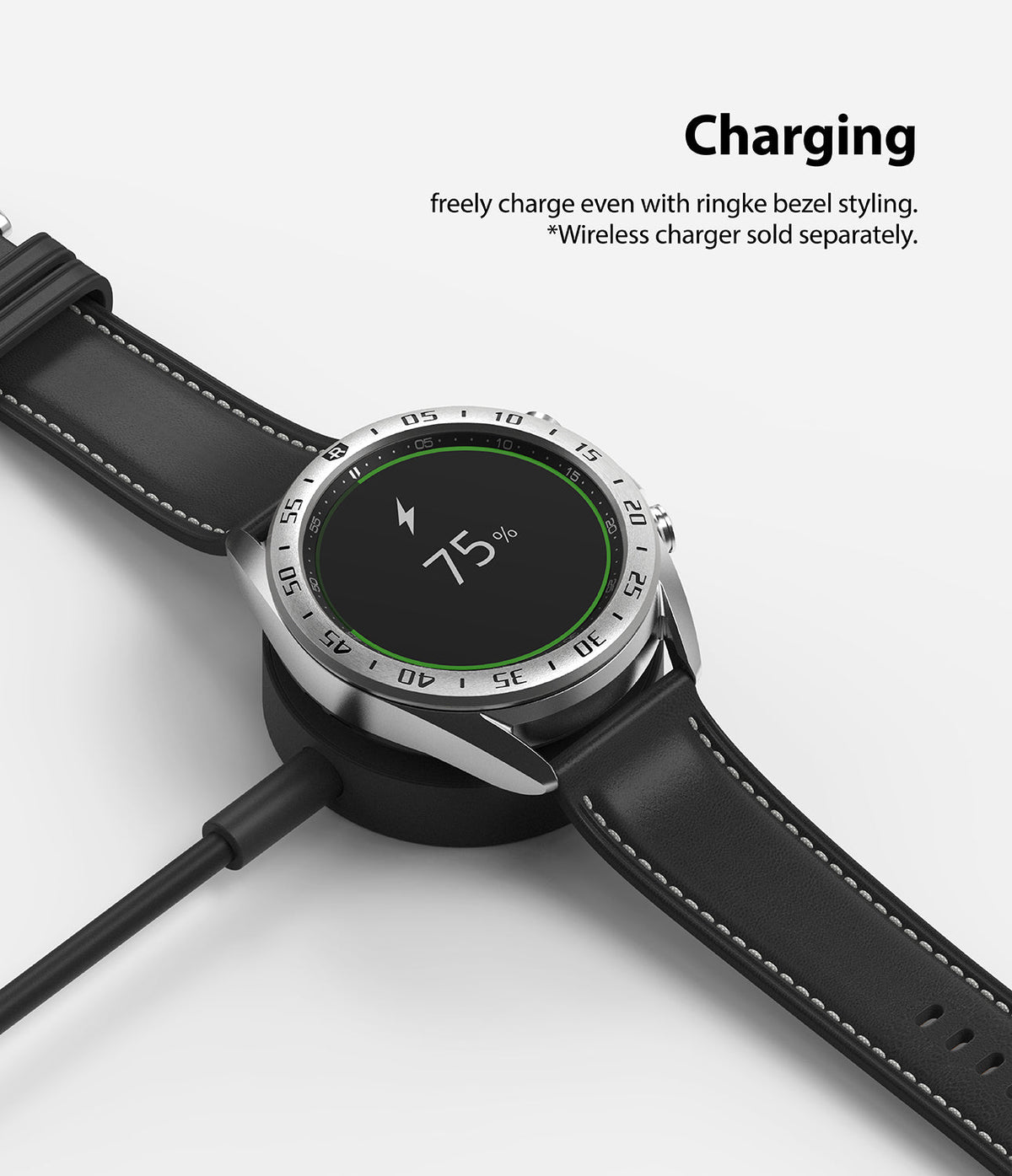 Galaxy Watch 3 (41mm) | Bezel Styling - Smartwatch with silver bezel styling charging wirelessly at 75% battery.