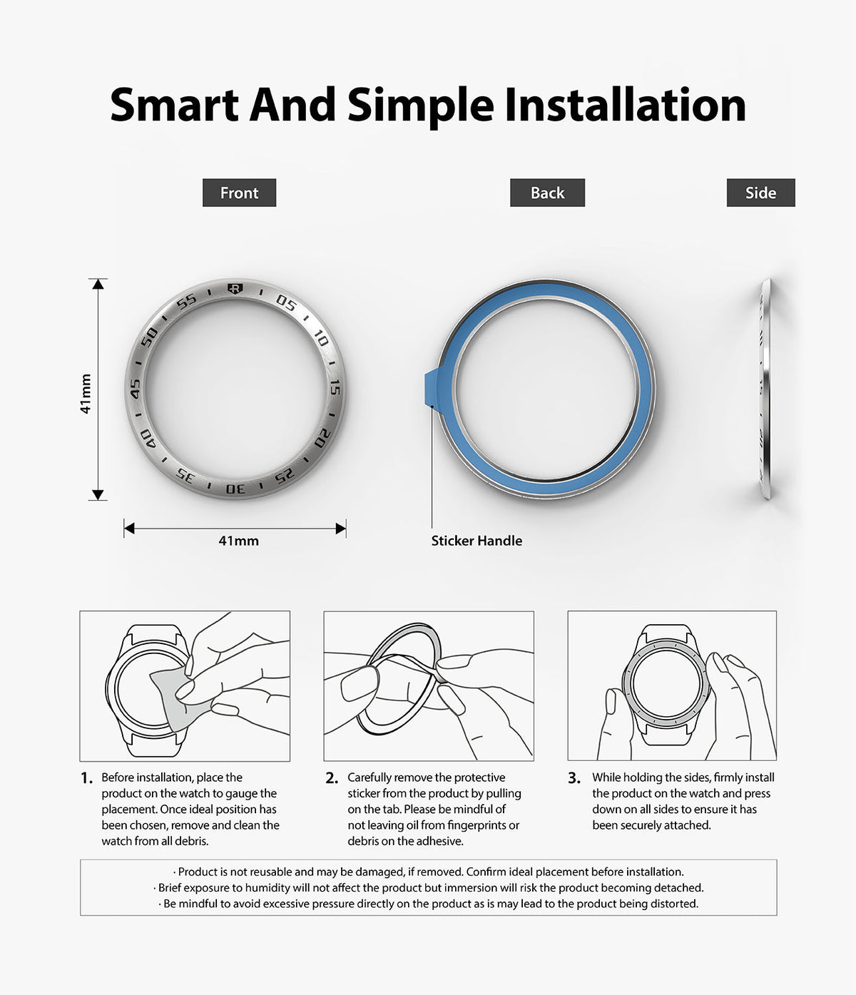 Galaxy Watch 3 (41mm) | Bezel Styling - Installation guide showing bezel dimensions, adhesive backing, and three-step application.