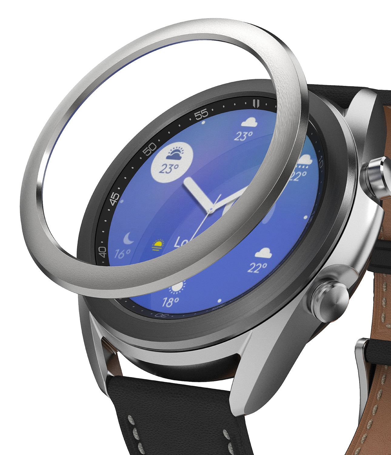 Galaxy Watch 3 (41mm) | Bezel Styling - A silver metal bezel ring hovering above a Galaxy Watch 3 with a blue digital face.