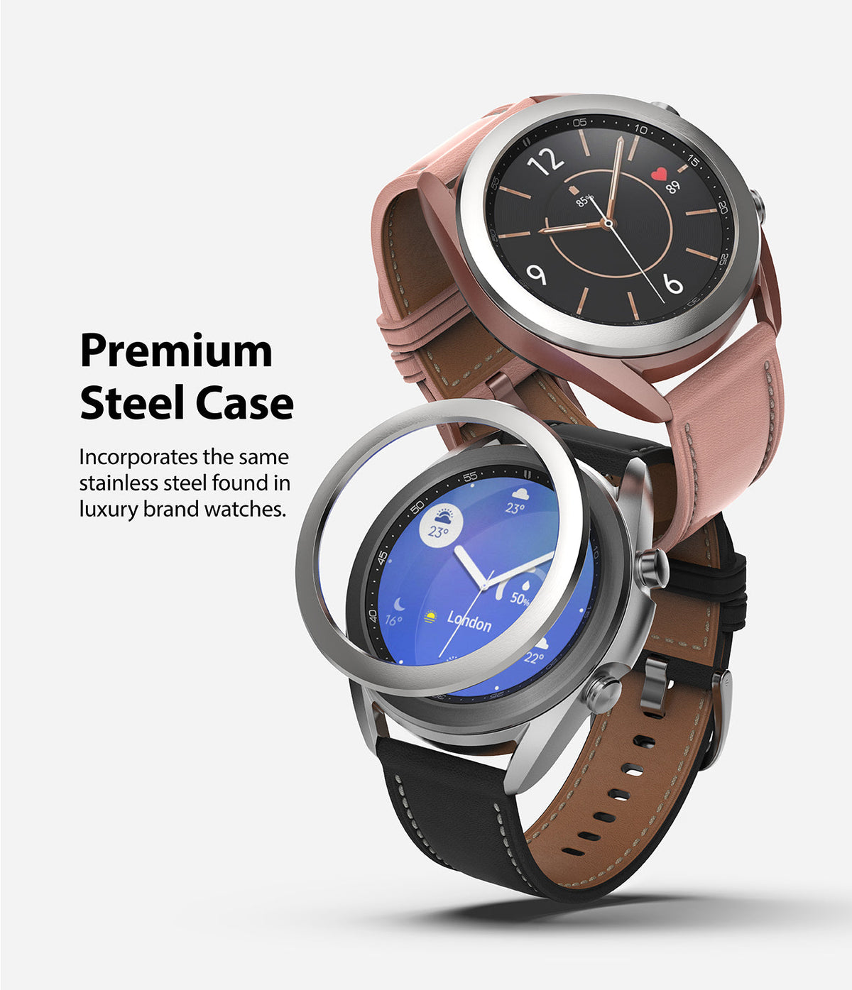 Galaxy Watch 3 (41mm) | Bezel Styling - Two Galaxy Watches with leather straps and a floating stainless steel bezel ring.