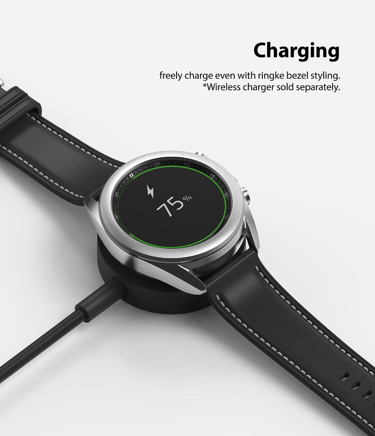 Galaxy Watch 3 (41mm) | Bezel Styling - Silver Galaxy Watch 3 with bezel styling charging wirelessly on a black dock.