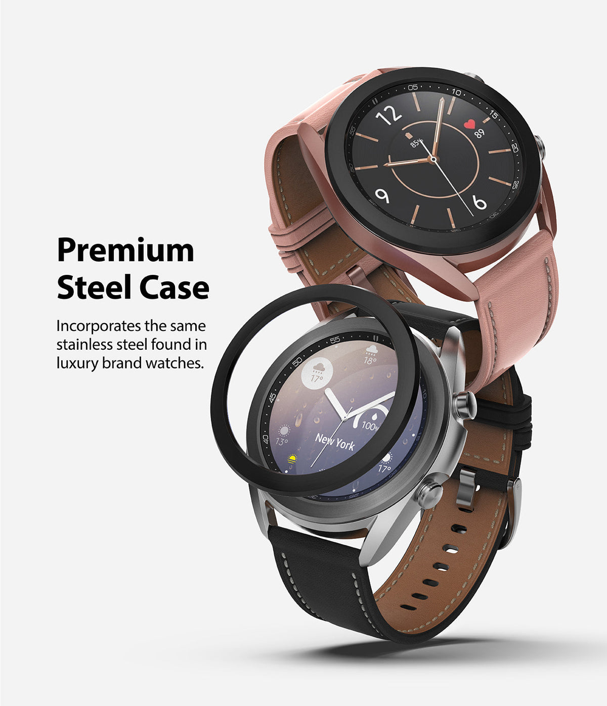 Galaxy Watch 3 (41mm) | Bezel Styling - Two Galaxy Watch 3 units with leather straps and a detached black bezel ring overlay.