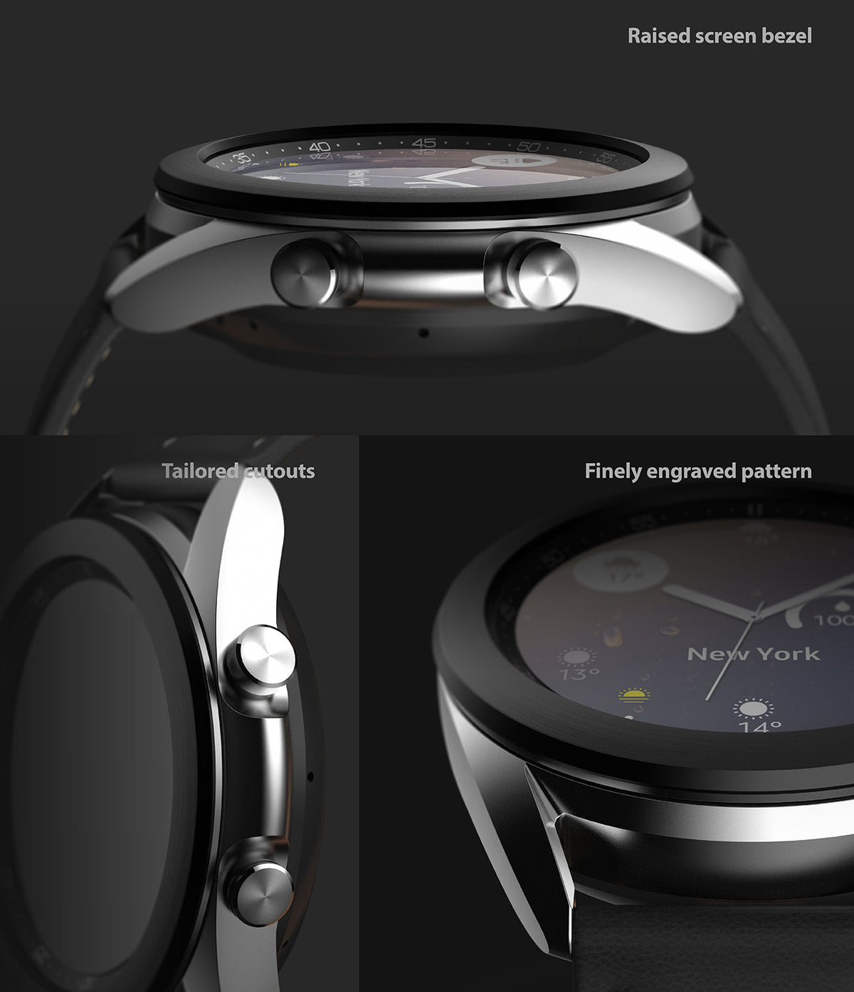 Galaxy Watch 3 (41mm) | Bezel Styling - Close-up views of a silver smartwatch highlighting a raised bezel, cutouts, and engraved pattern.