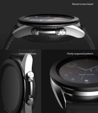 Galaxy Watch 3 (41mm) | Bezel Styling - Close-up views of a silver smartwatch highlighting a raised bezel, cutouts, and engraved pattern.