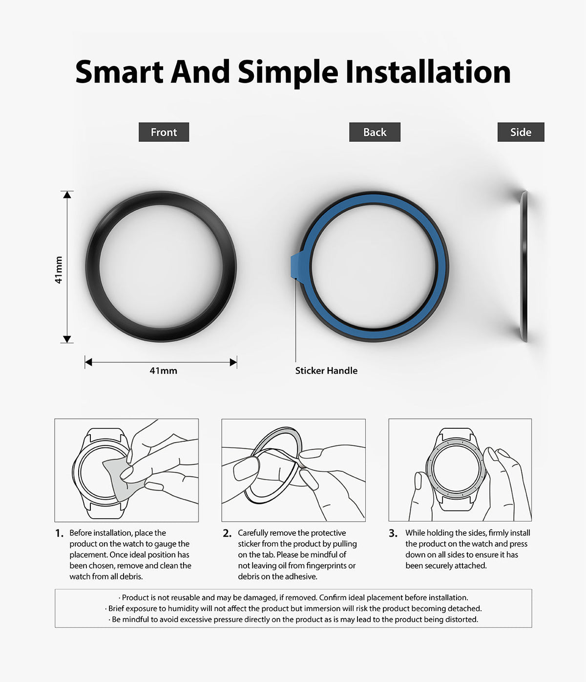 Galaxy Watch 3 (41mm) | Bezel Styling - Installation guide showing front, back, and side views with three-step application instructions.