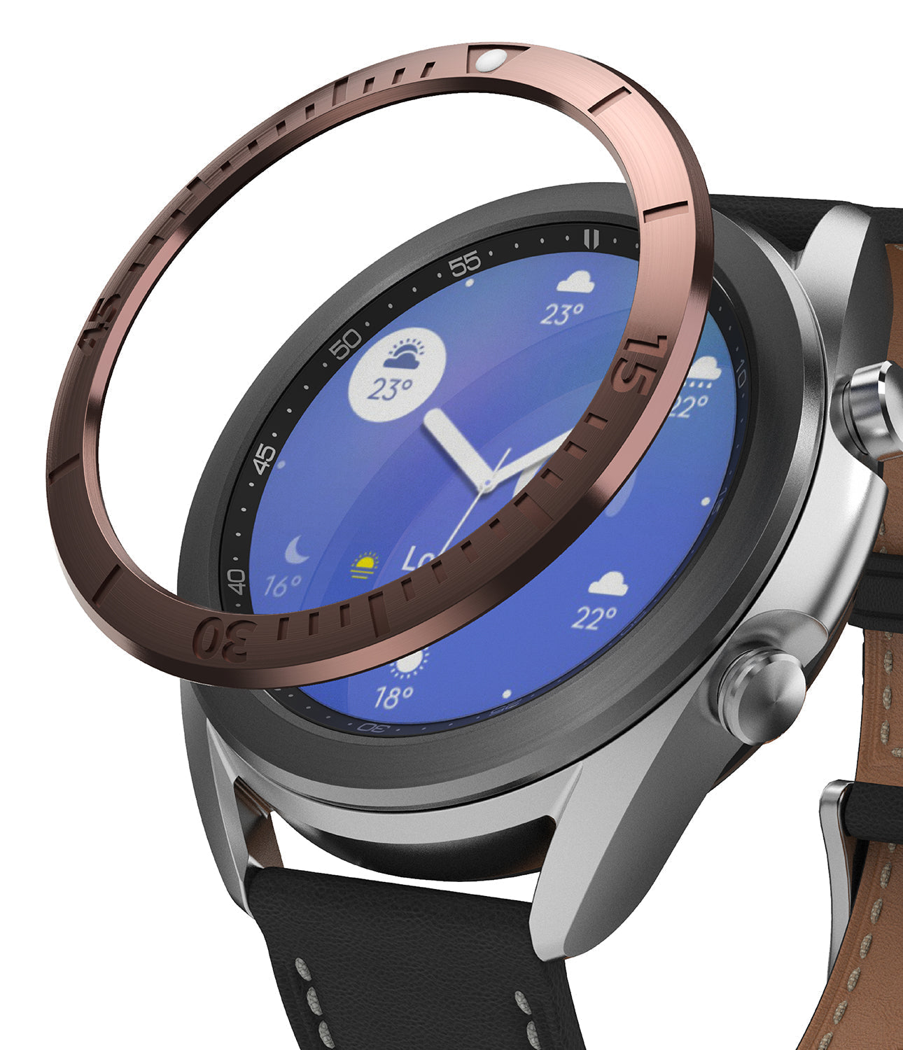Galaxy Watch 3 (41mm) | Bezel Styling - A metallic bronze bezel ring hovering above a silver Galaxy Watch 3 with a black leather strap.