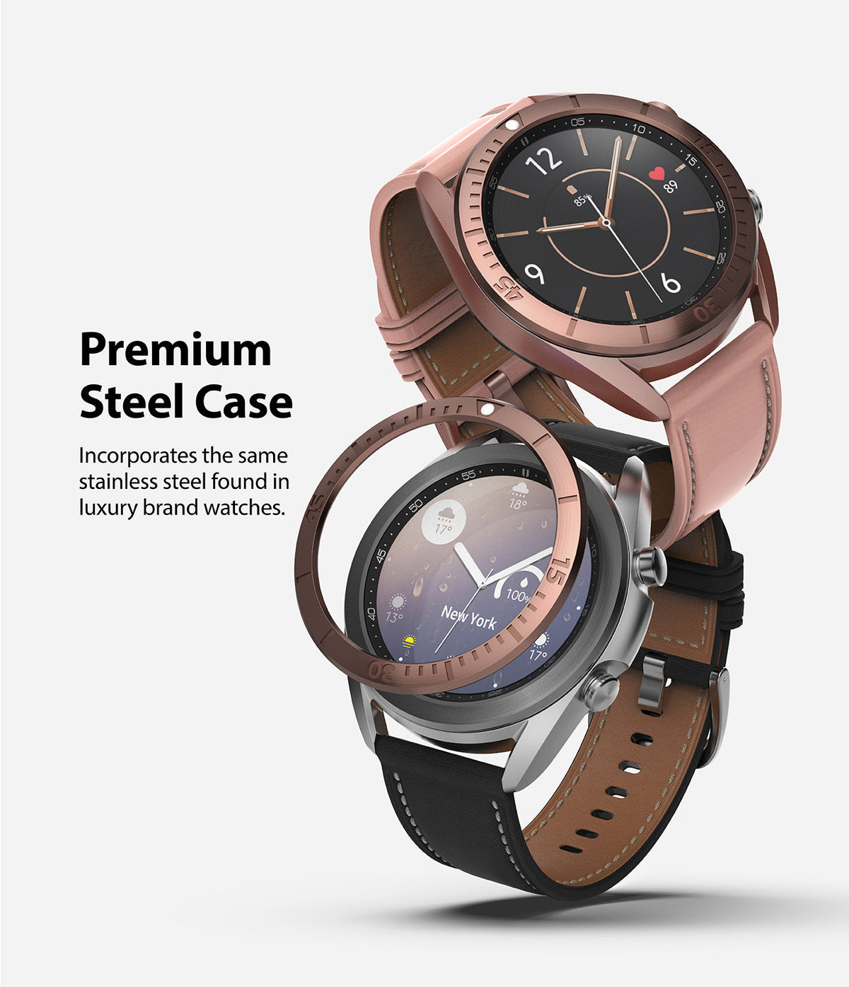 Galaxy Watch 3 (41mm) | Bezel Styling - A rose gold watch bezel hovering above a silver Galaxy Watch 3 with a black leather strap.