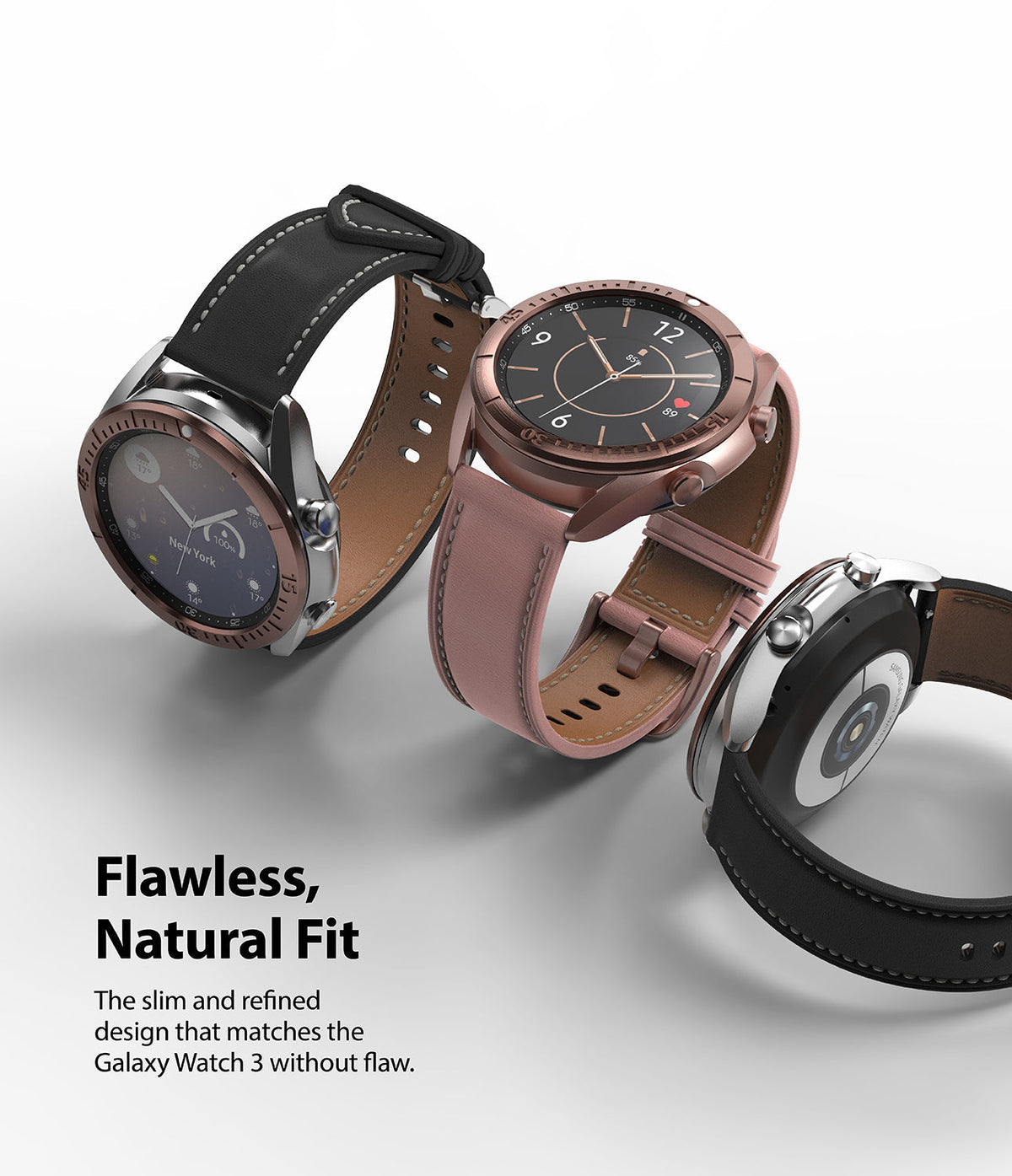 Galaxy Watch 3 (41mm) | Bezel Styling - Three Galaxy Watch 3 units with different colored leather straps and metallic bezels on a white background.