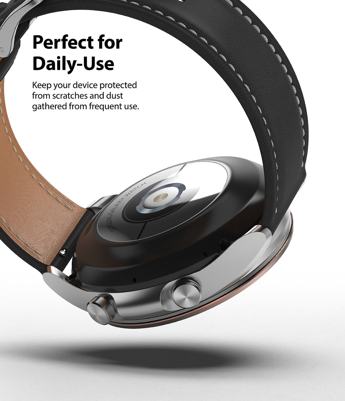 Galaxy Watch 3 (41mm) | Bezel Styling - Underside view of a Galaxy Watch 3 with a black leather strap and metallic casing.