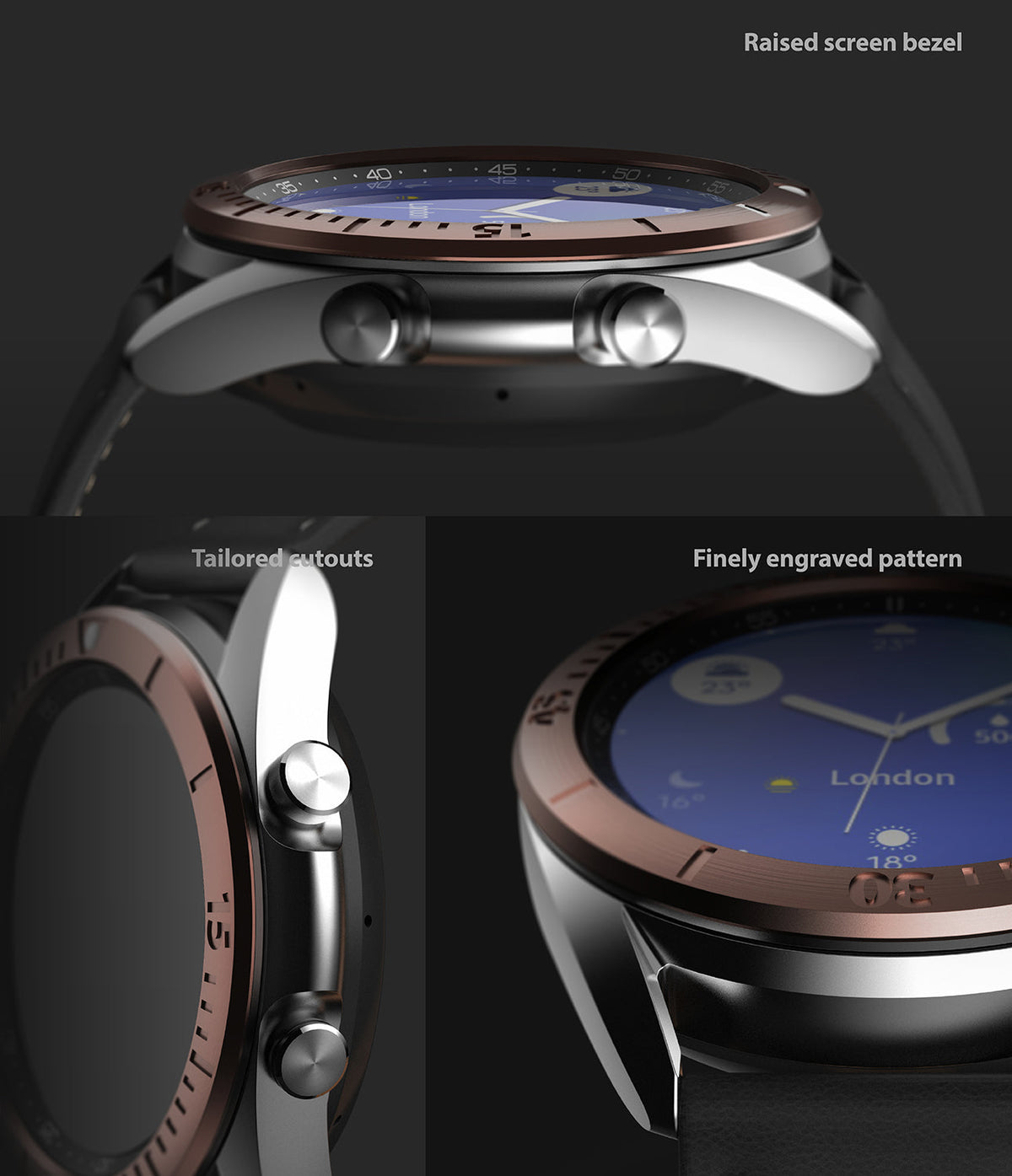 Galaxy Watch 3 (41mm) | Bezel Styling - Close-up views of the watch showing a raised bronze bezel, engraved markings, and silver side buttons.