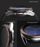 Galaxy Watch 3 (41mm) | Bezel Styling - Close-up views of the watch showing a raised bronze bezel, engraved markings, and silver side buttons.