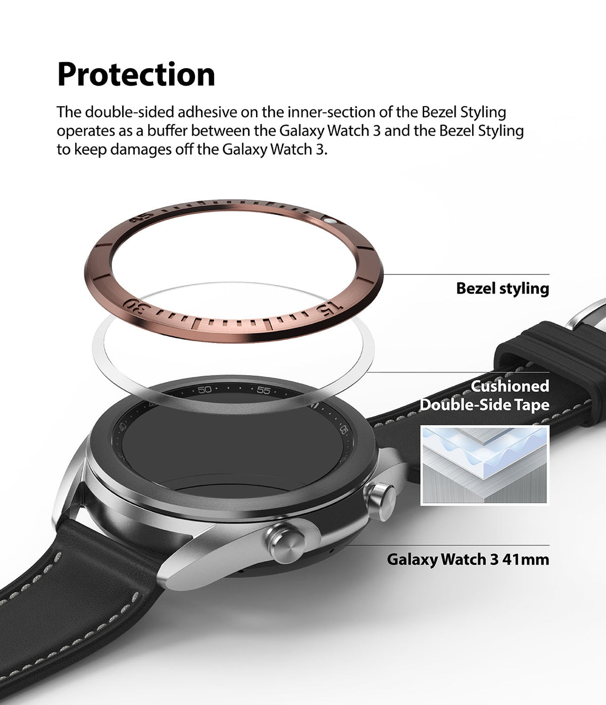 Galaxy Watch 3 (41mm) | Bezel Styling - Exploded view showing a bronze bezel ring, adhesive tape, and the watch body.