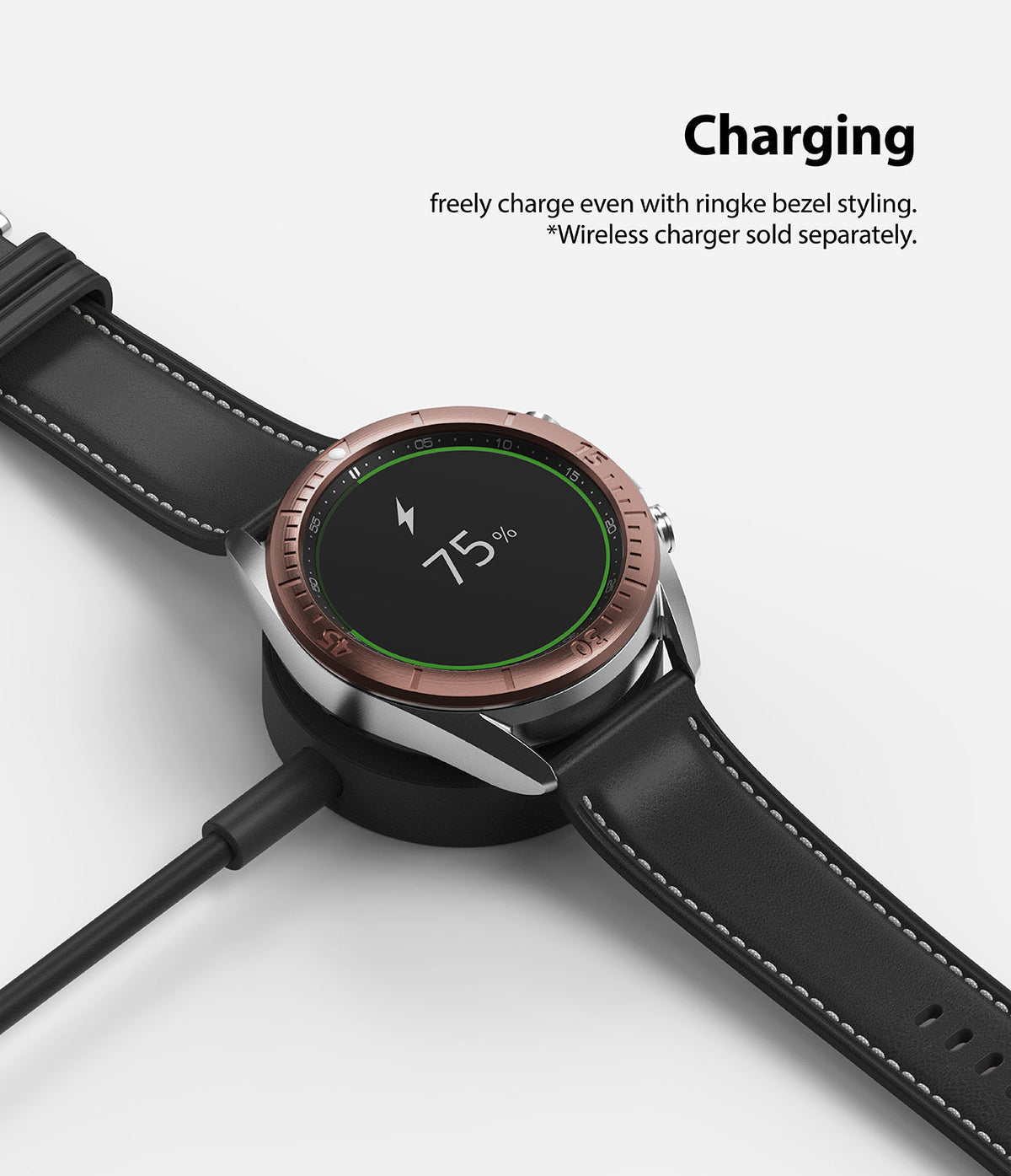 Galaxy Watch 3 (41mm) | Bezel Styling - Rose gold bezel ring on a Galaxy Watch 3 charging wirelessly on a black dock.
