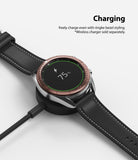 Galaxy Watch 3 (41mm) | Bezel Styling - Rose gold bezel ring on a Galaxy Watch 3 charging wirelessly on a black dock.