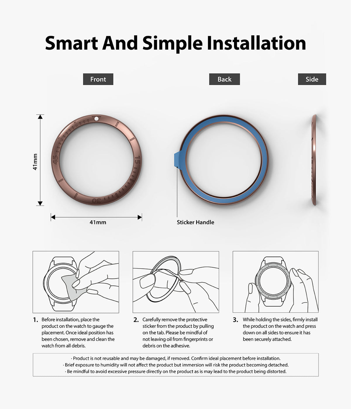 Galaxy Watch 3 (41mm) | Bezel Styling - Installation guide showing front, back, and side views with three step-by-step diagrams.