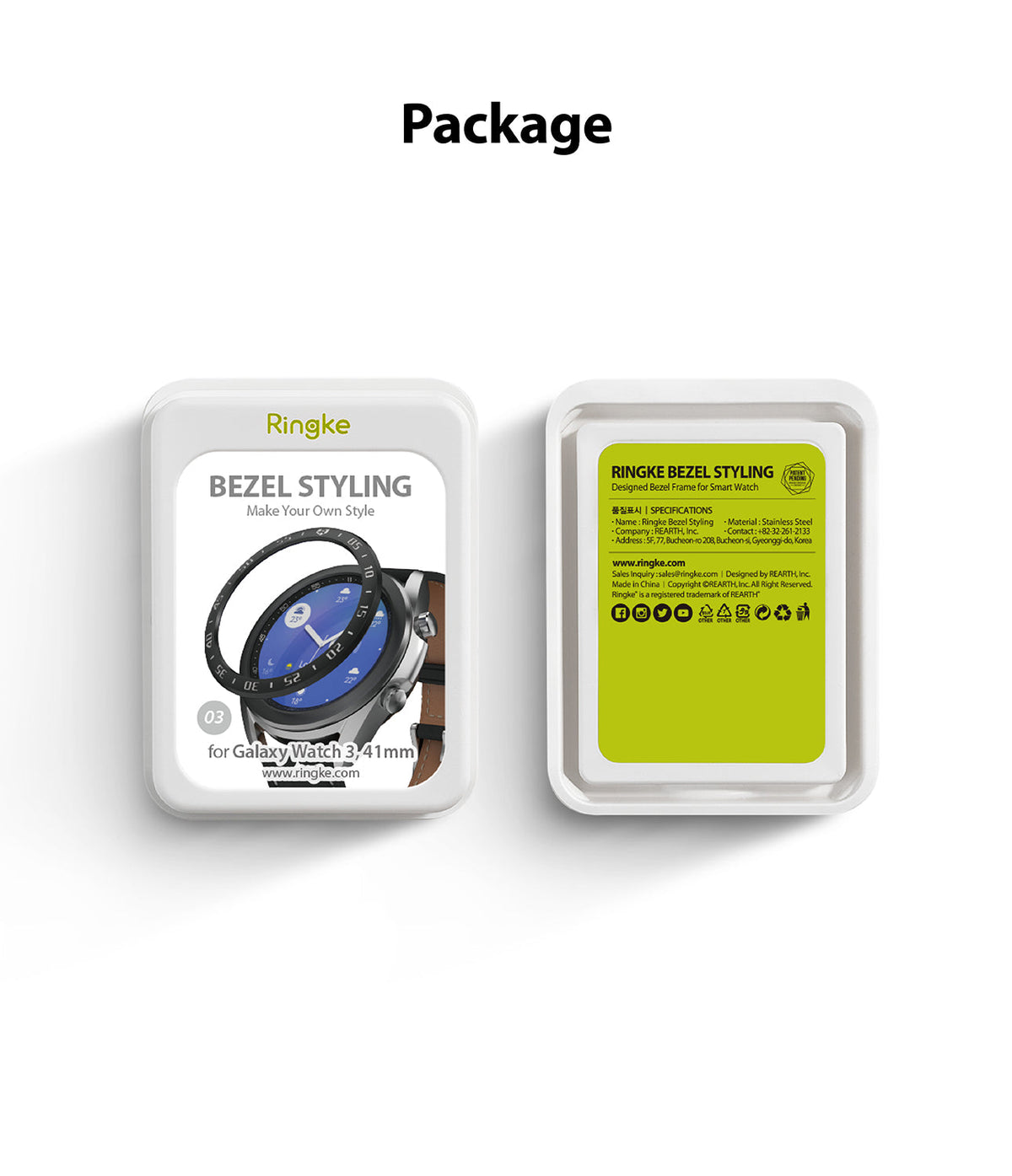 Galaxy Watch 3 (41mm) | Bezel Styling - Ringke bezel styling packaging showing a watch accessory and product specifications.