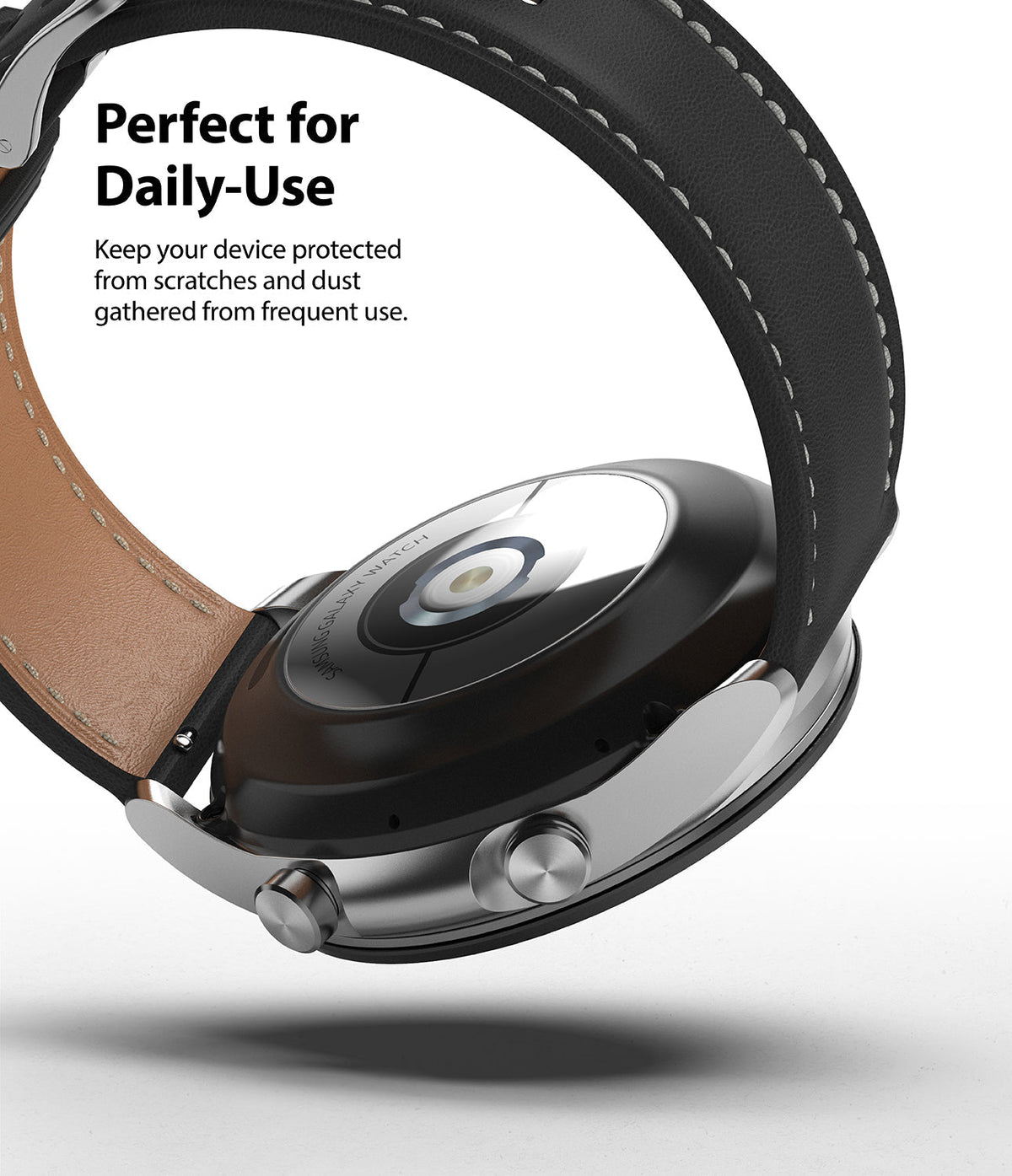 Galaxy Watch 3 (41mm) | Bezel Styling - Underside view of a Galaxy Watch 3 with a black leather strap and silver casing.