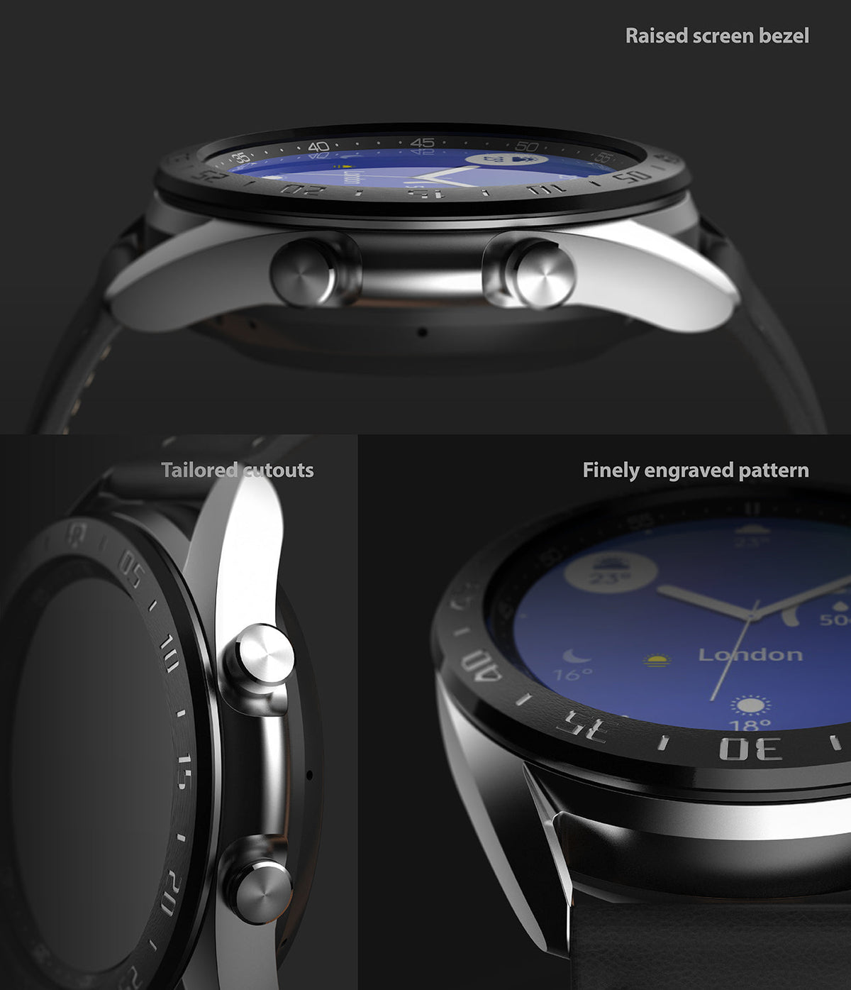 Galaxy Watch 3 (41mm) | Bezel Styling - Close-ups of a smartwatch showing a raised bezel, tailored side cutouts, and engraved markings.