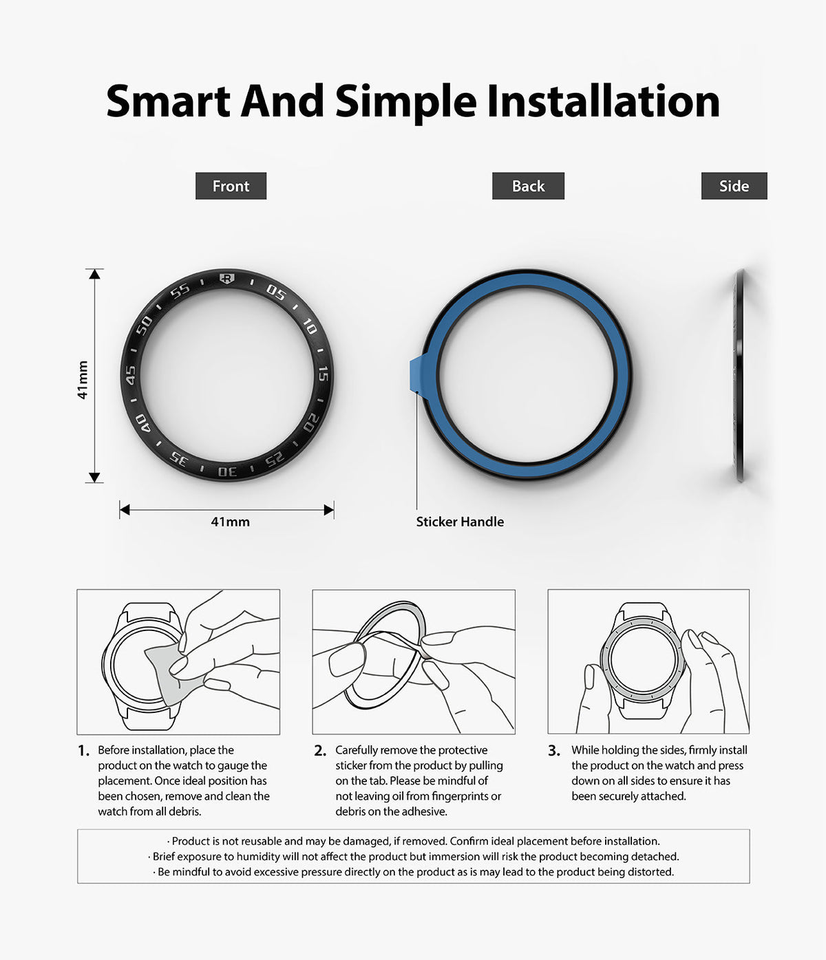 Galaxy Watch 3 (41mm) | Bezel Styling - Three-step installation guide showing front, back, and side views of a watch bezel.