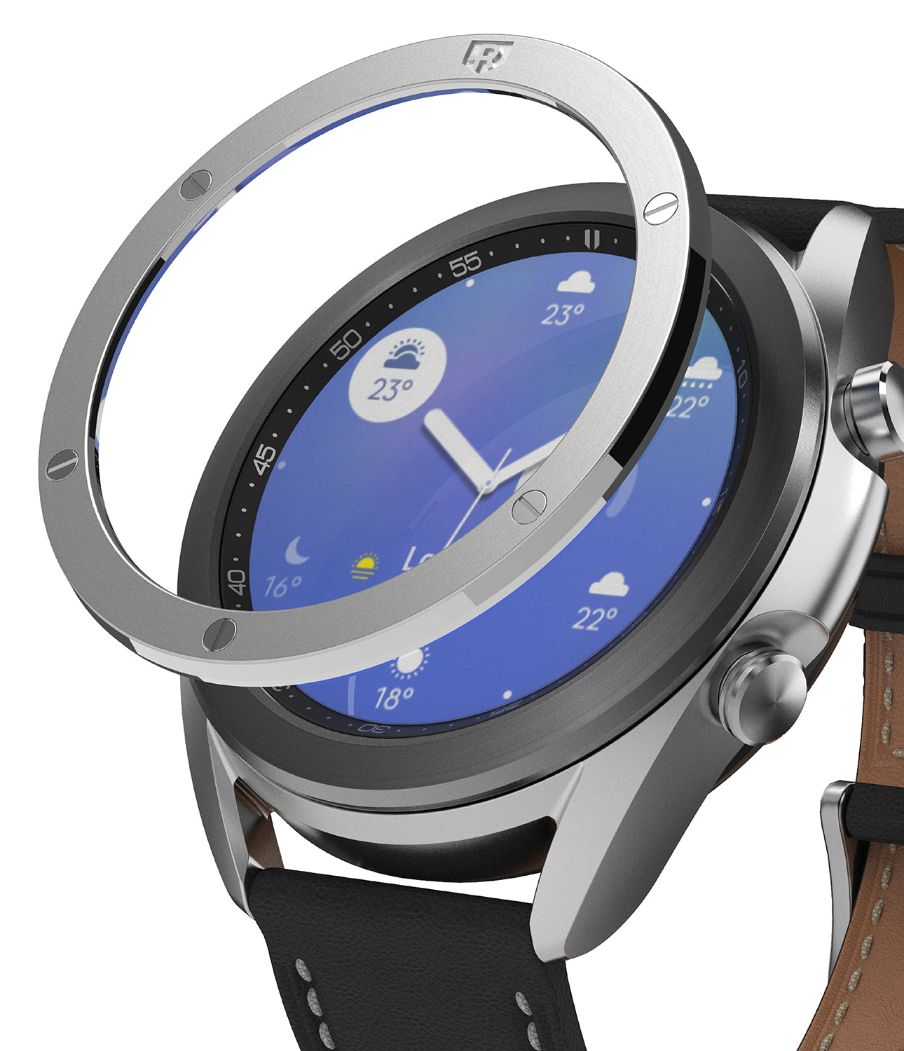 Galaxy Watch 3 (41mm) | Bezel Styling - A silver metal bezel ring hovering above a Galaxy Watch 3 with a black leather strap.