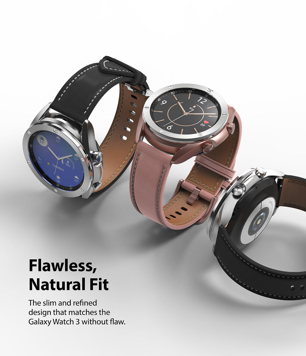 Galaxy Watch 3 (41mm) | Bezel Styling - Three Galaxy Watch 3 units with leather straps shown from different angles.