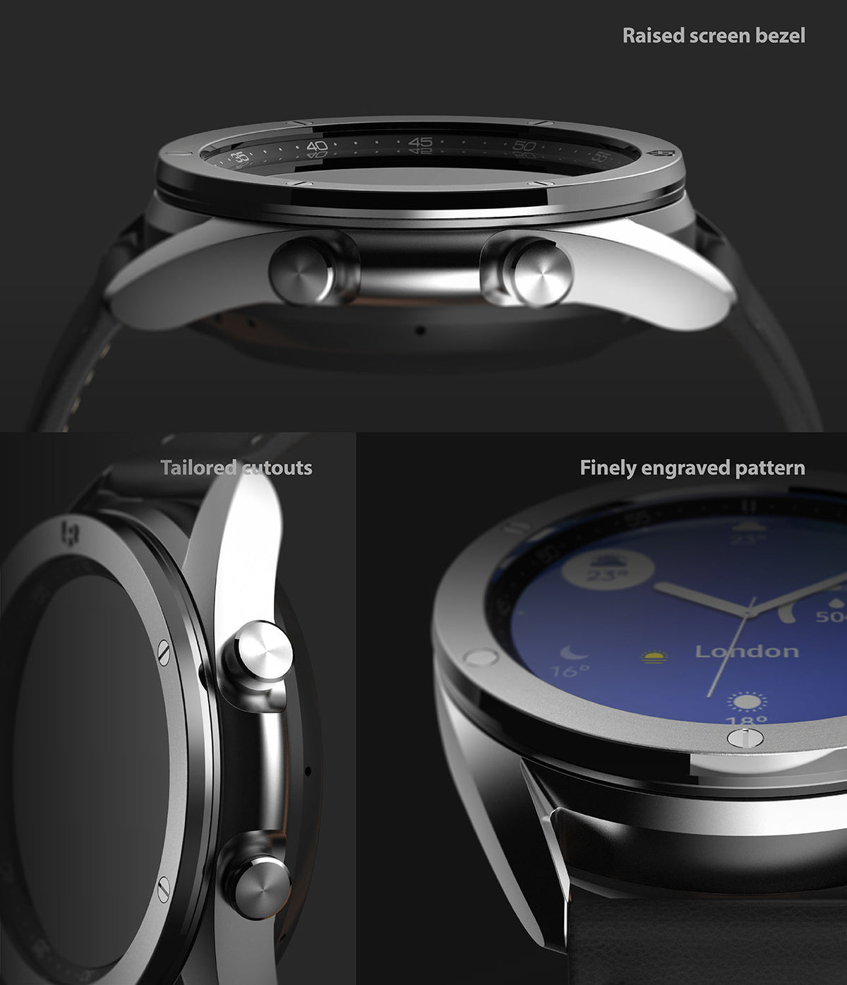 Galaxy Watch 3 (41mm) | Bezel Styling - Close-up views of a metallic watch bezel featuring raised edges, tailored cutouts, and an engraved pattern.
