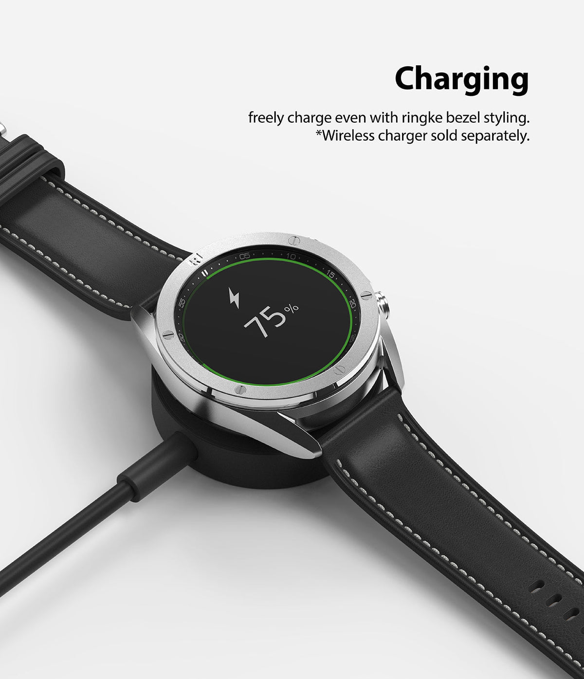 Galaxy Watch 3 (41mm) | Bezel Styling - Silver bezel accessory on a smartwatch charging wirelessly at 75% battery.