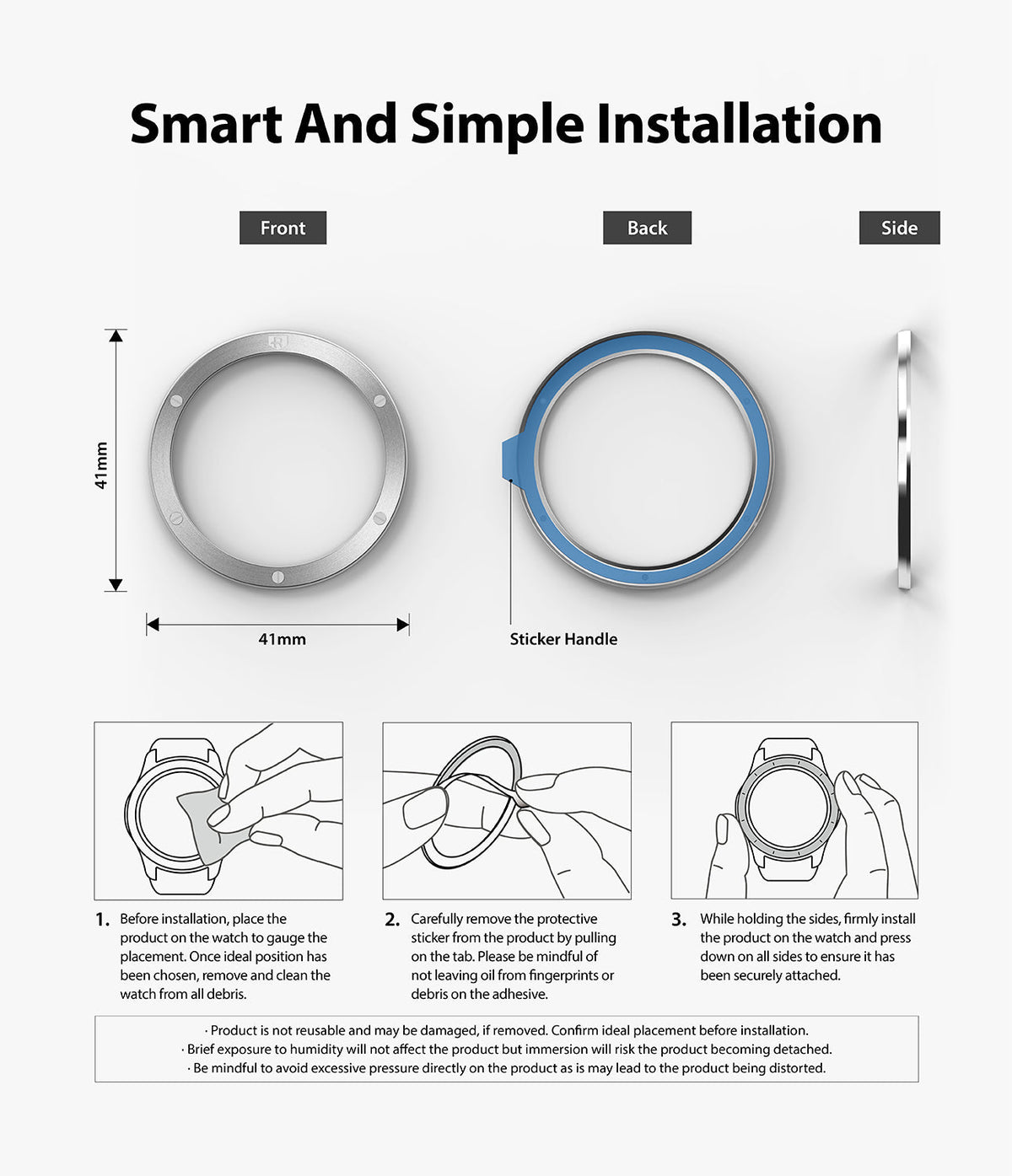 Galaxy Watch 3 (41mm) | Bezel Styling - Installation guide showing front, back, and side views of the bezel ring.