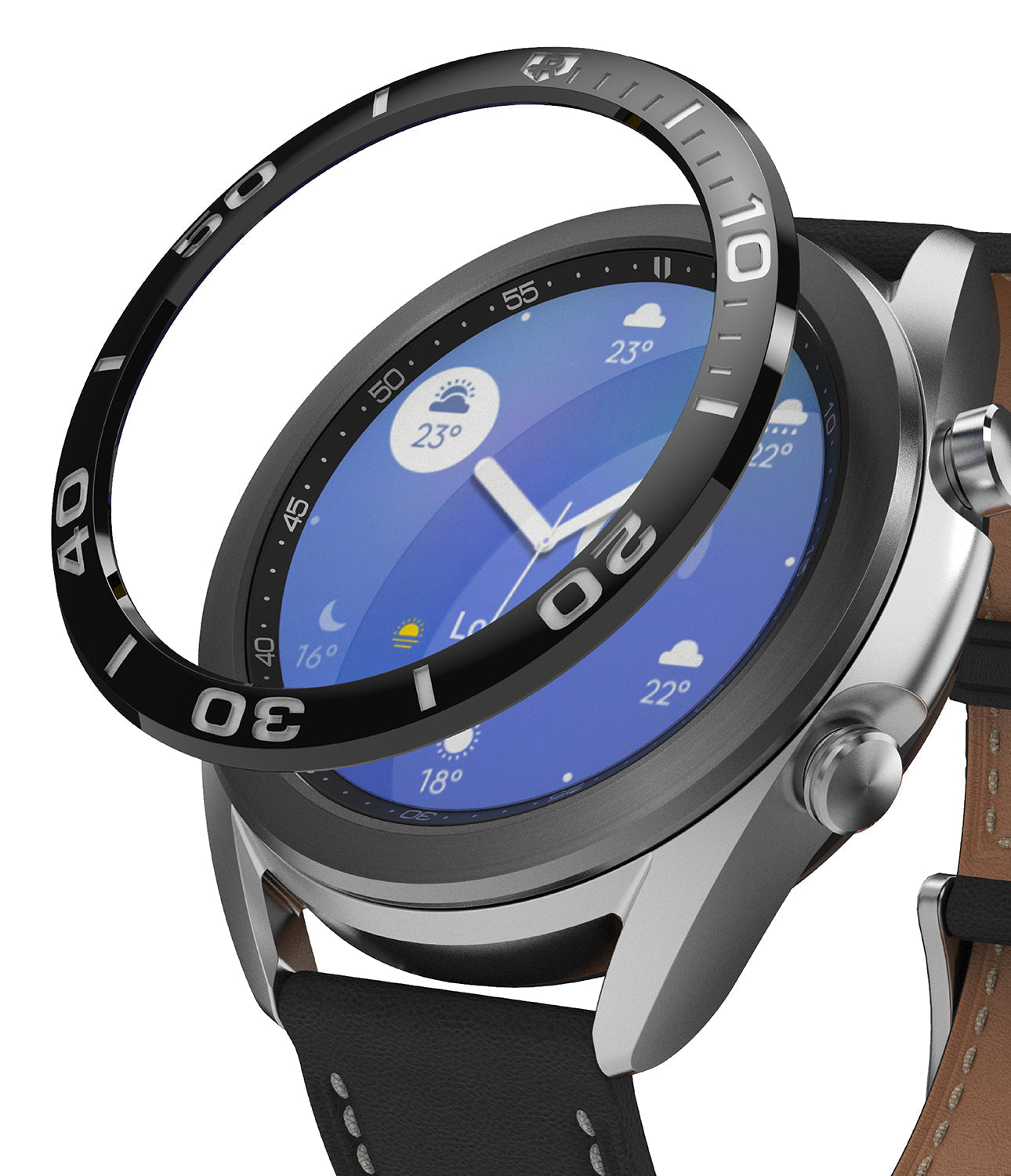 Galaxy Watch 3 (41mm) | Bezel Styling - A black adhesive bezel ring hovering above a silver Galaxy Watch 3 face.