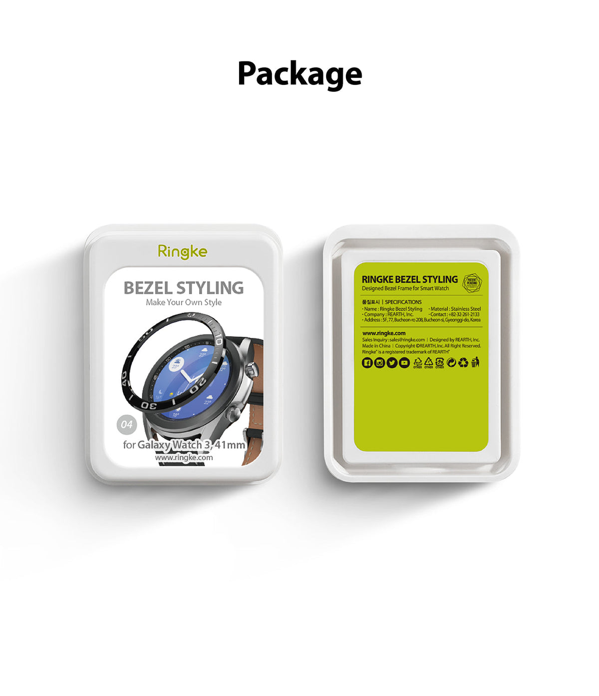 Galaxy Watch 3 (41mm) | Bezel Styling - Product packaging for Ringke bezel styling showing watch accessory and specifications.
