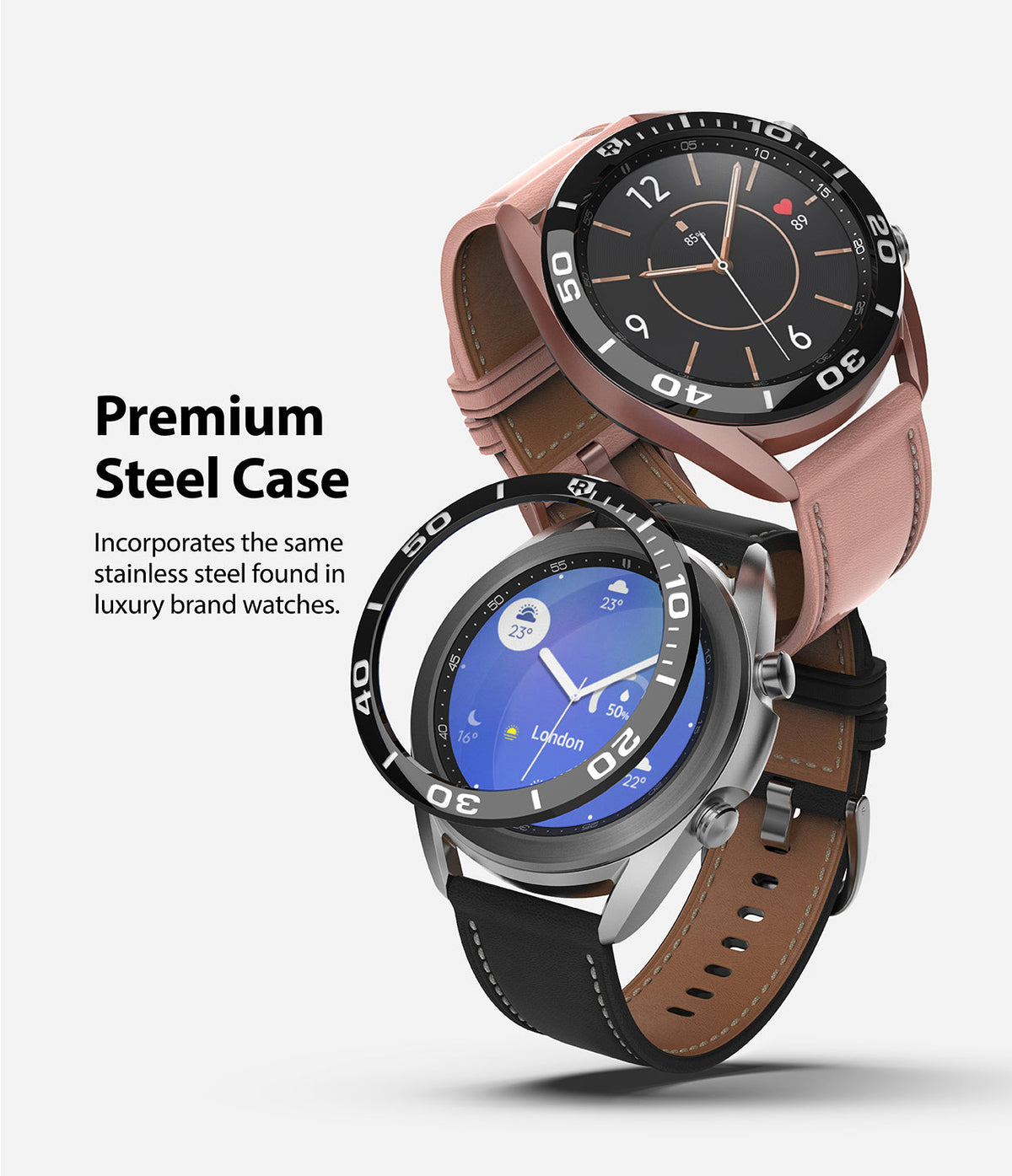Galaxy Watch 3 (41mm) | Bezel Styling - Two Galaxy Watch 3 units with black stainless steel bezel rings and leather straps.