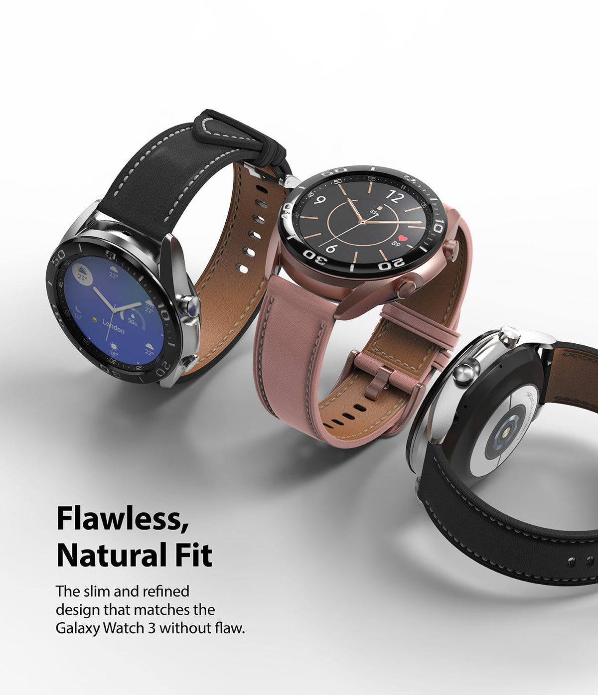 Galaxy Watch 3 (41mm) | Bezel Styling - Three Galaxy Watch 3 units with different leather straps and metallic bezels on a white background.