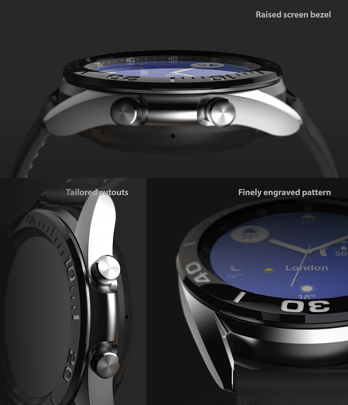 Galaxy Watch 3 (41mm) | Bezel Styling - Close-up views of the watch showing the raised bezel, tailored cutouts, and engraved pattern.