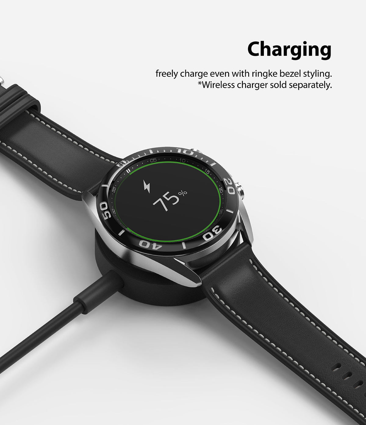 Galaxy Watch 3 (41mm) | Bezel Styling - A Galaxy Watch 3 with a black bezel accessory charging on a wireless dock.