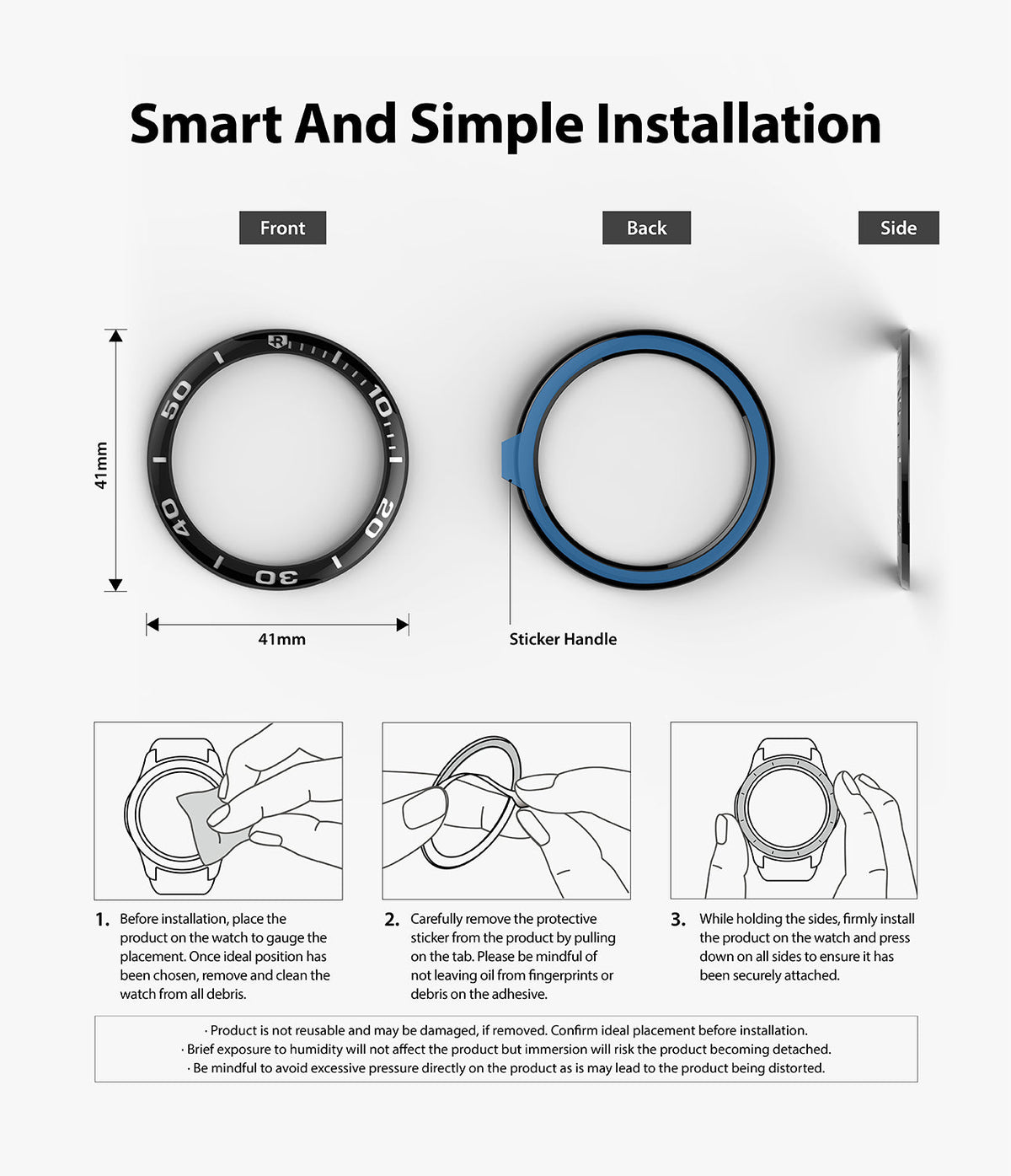 Galaxy Watch 3 (41mm) | Bezel Styling - Three-step installation guide for a watch bezel cover with front, back, and side views.