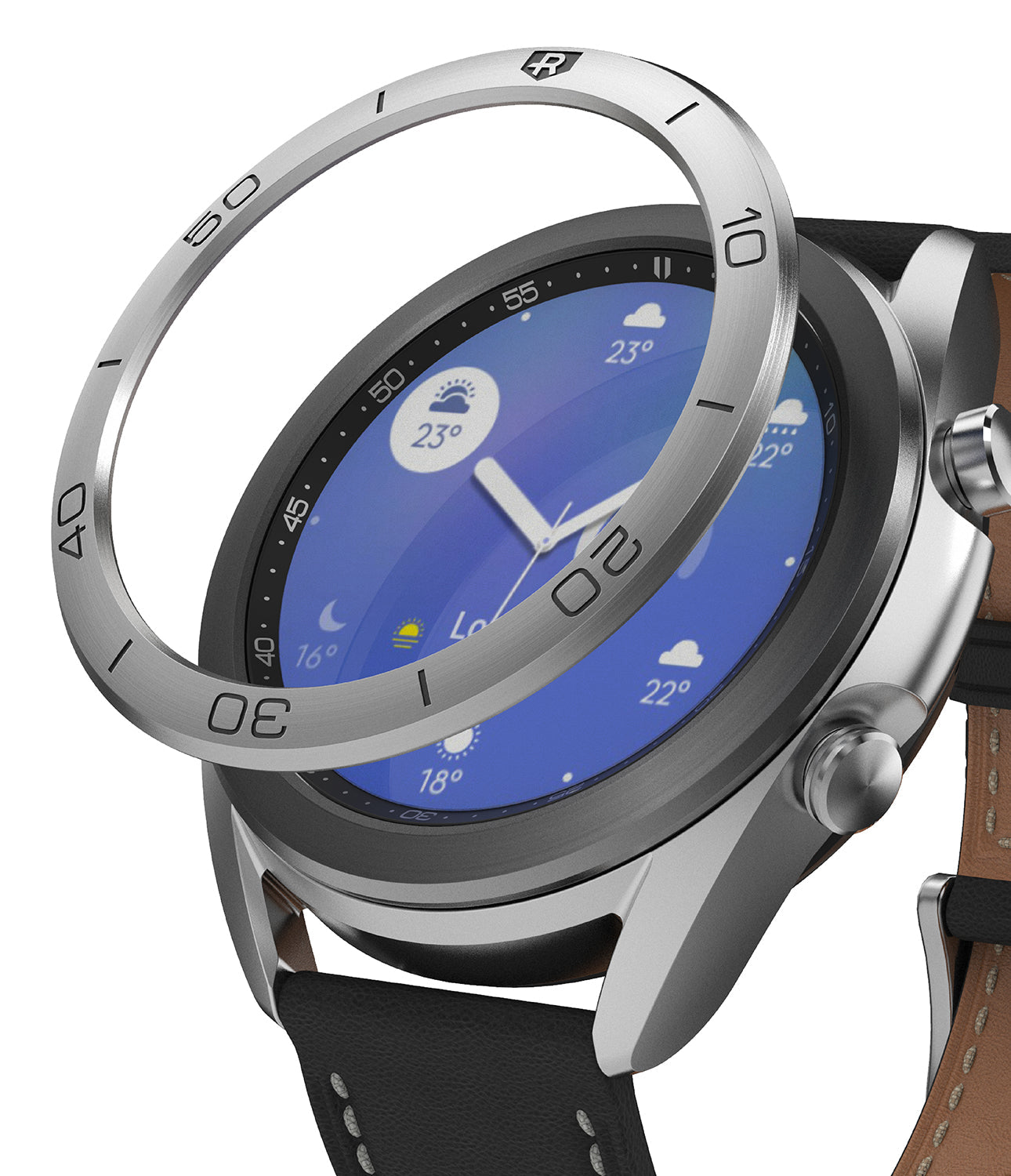 Galaxy Watch 3 (41mm) | Bezel Styling - A silver metallic bezel ring hovering above a Galaxy Watch 3 with a weather display.