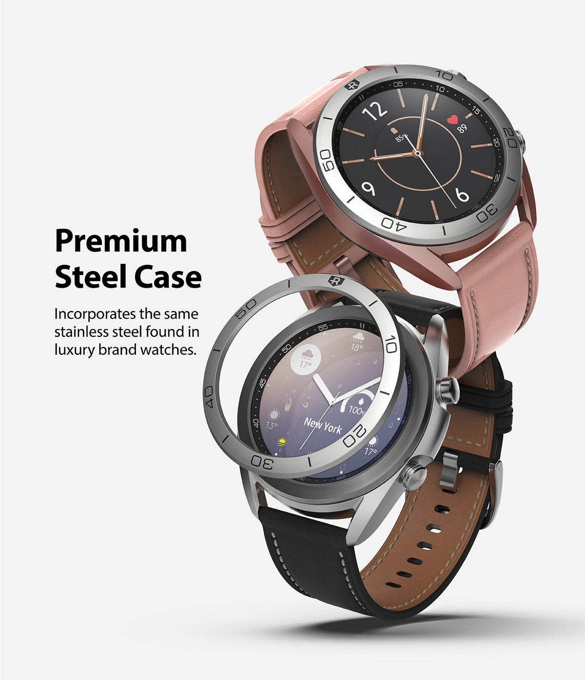 Galaxy Watch 3 (41mm) | Bezel Styling - Two Galaxy Watch 3 units with stainless steel bezel rings and leather straps.
