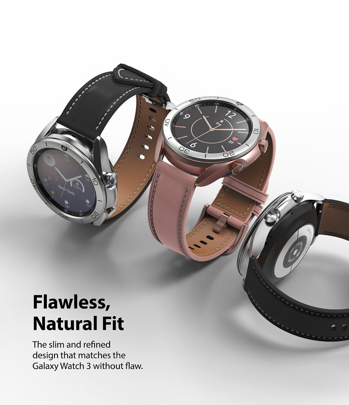 Galaxy Watch 3 (41mm) | Bezel Styling - Three Galaxy Watch 3 units with different leather straps and metallic bezels on a white background.