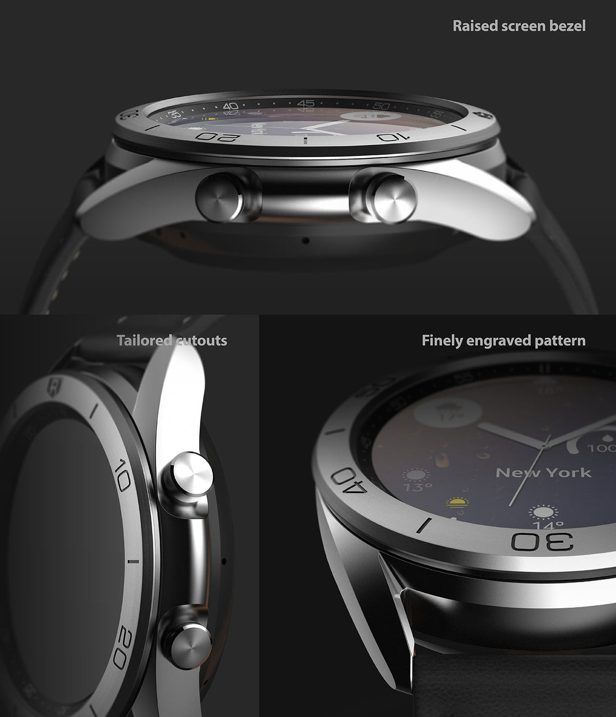 Galaxy Watch 3 (41mm) | Bezel Styling - Close-up views of a silver watch bezel featuring raised edges, tailored cutouts, and engraved markings.