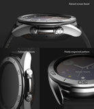 Galaxy Watch 3 (41mm) | Bezel Styling - Close-up views of a silver watch bezel featuring raised edges, tailored cutouts, and engraved markings.