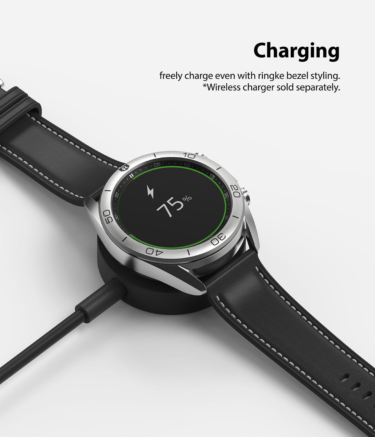Galaxy Watch 3 (41mm) | Bezel Styling - A Galaxy Watch 3 with a silver bezel ring charging on a wireless dock at 75%.