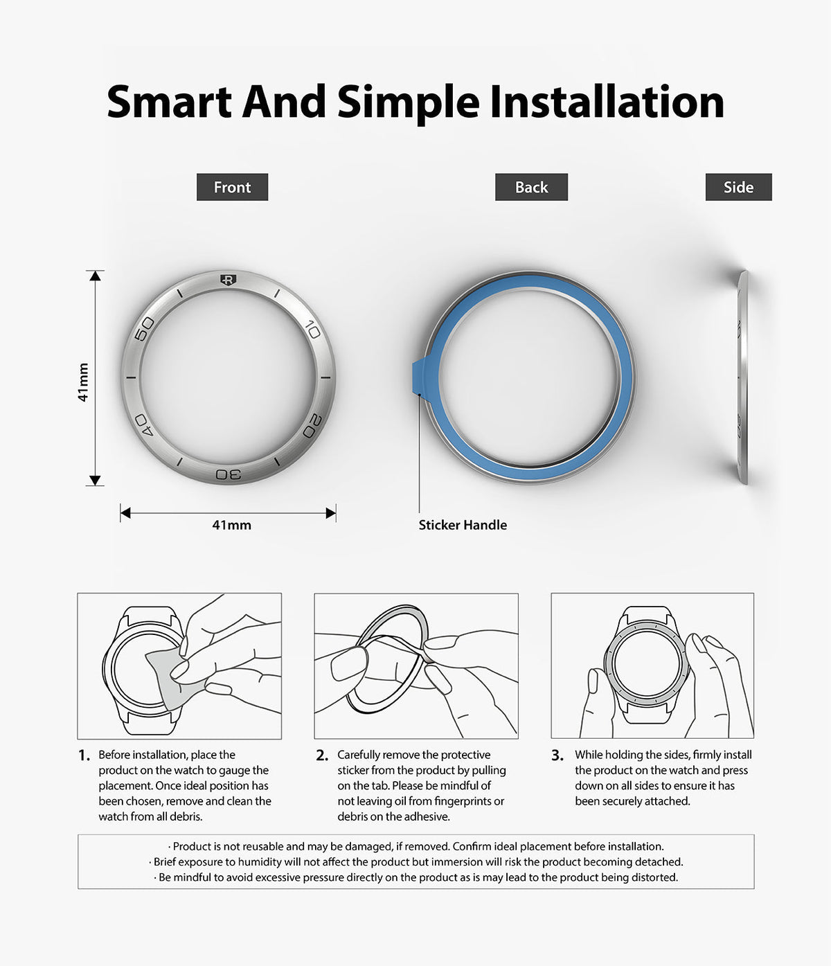 Galaxy Watch 3 (41mm) | Bezel Styling - Installation guide showing front, back, and side views of a bezel ring with three steps.