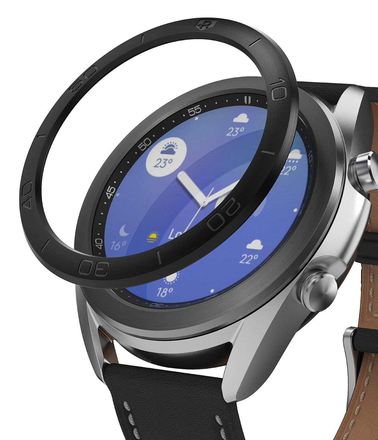 Galaxy Watch 3 (41mm) | Bezel Styling - A black adhesive bezel ring hovering above a silver Galaxy Watch 3 with a leather strap.