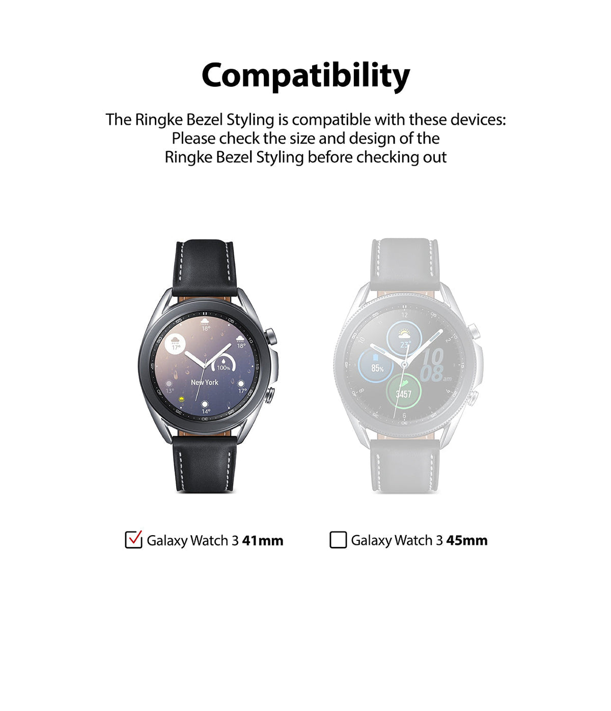 Galaxy Watch 3 (41mm) | Bezel Styling - Comparison of 41mm and 45mm Galaxy Watch 3 models with a checkmark on the 41mm.