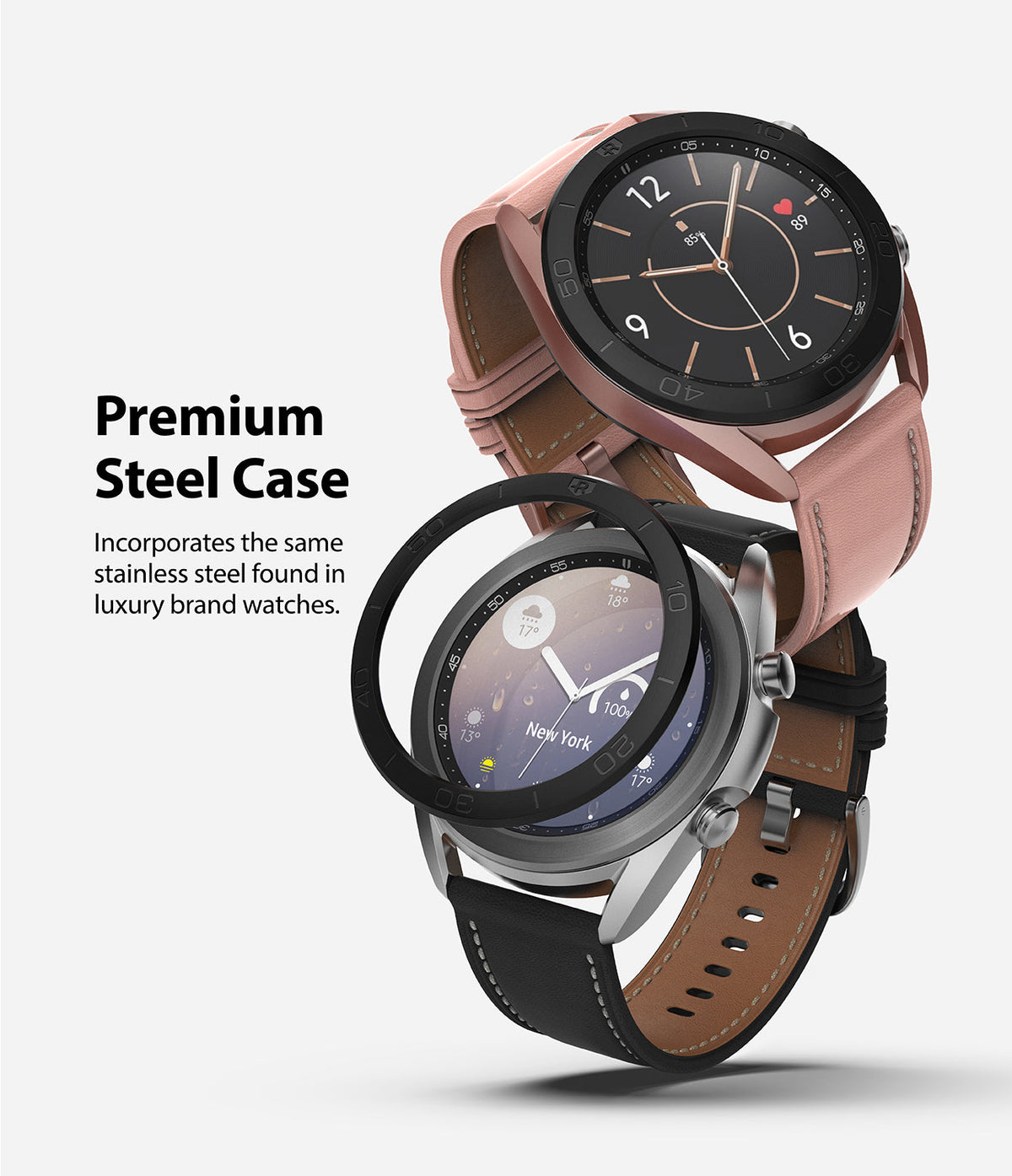 Galaxy Watch 3 (41mm) | Bezel Styling - Two Galaxy Watch 3 units with black stainless steel bezel covers and leather straps.