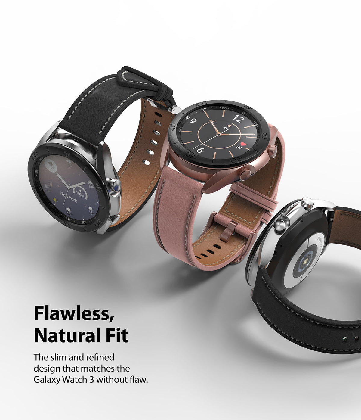 Galaxy Watch 3 (41mm) | Bezel Styling - Three Galaxy Watch 3 units with leather straps and metallic bezels arranged on a white background.