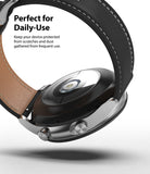 Galaxy Watch 3 (41mm) | Bezel Styling - Underside view of a silver Galaxy Watch 3 with a black leather strap and text overlay.