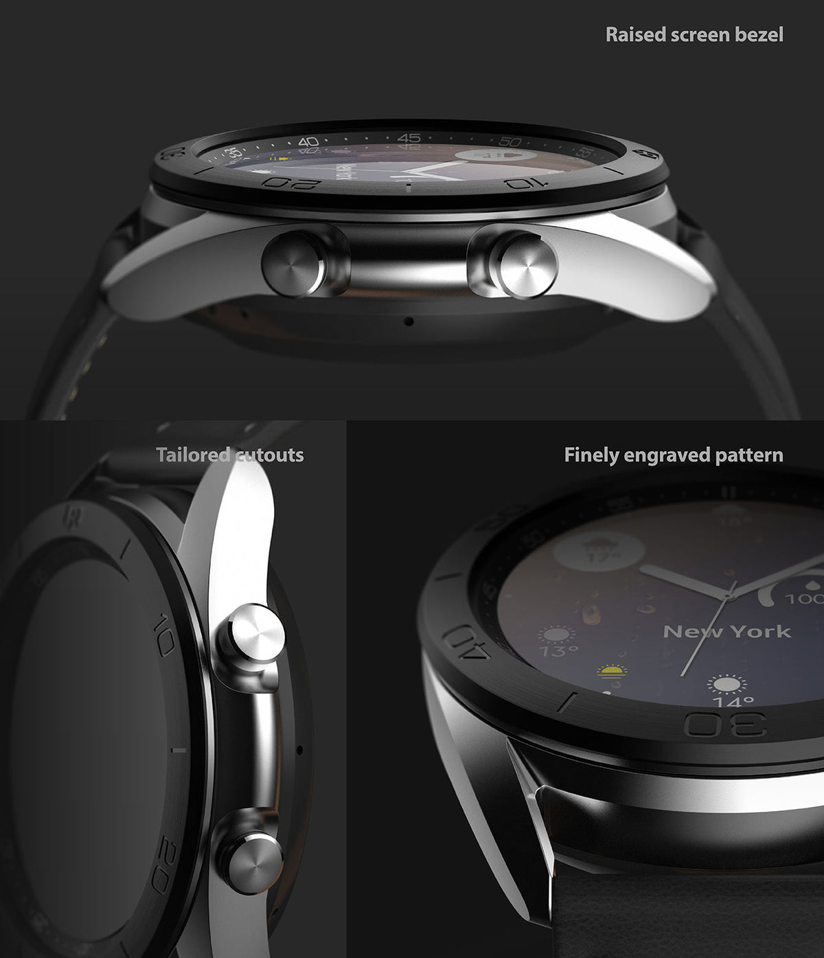 Galaxy Watch 3 (41mm) | Bezel Styling - Close-up views of a silver watch with a black engraved bezel, side buttons, and cutouts.