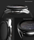 Galaxy Watch 3 (41mm) | Bezel Styling - Close-up views of a silver watch with a black engraved bezel, side buttons, and cutouts.
