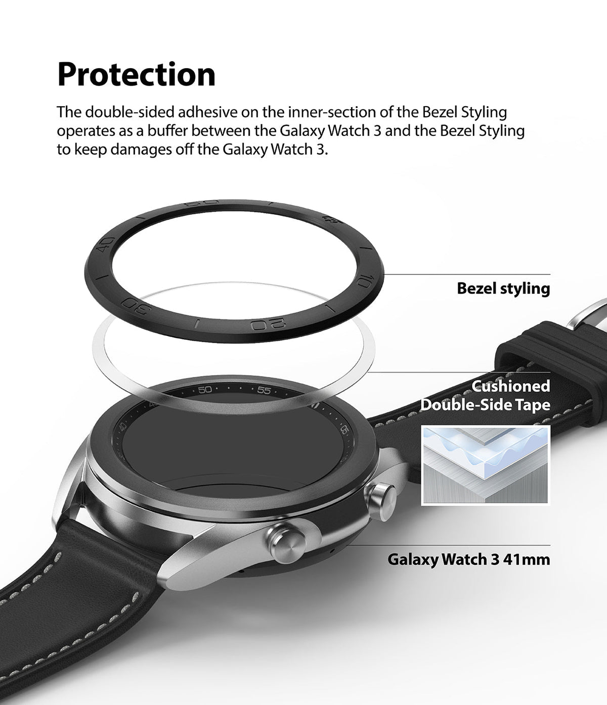 Galaxy Watch 3 (41mm) | Bezel Styling - Exploded view showing bezel ring, adhesive tape, and watch body for protection.